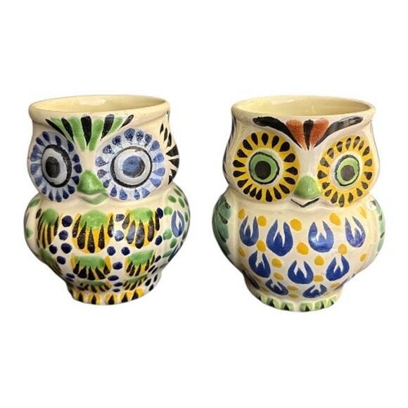 Anthropologie Gorky Gonzalez Mexican Pottery Hand Painted Owl Mug Set of 2 - Picture 1 of 10